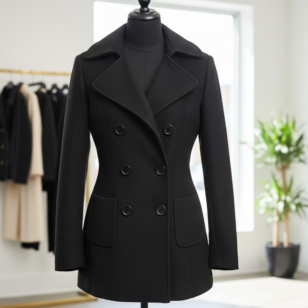 Forever 21 Black Double Breasted Peacoat Wool Blend Fitted Trench Jacket